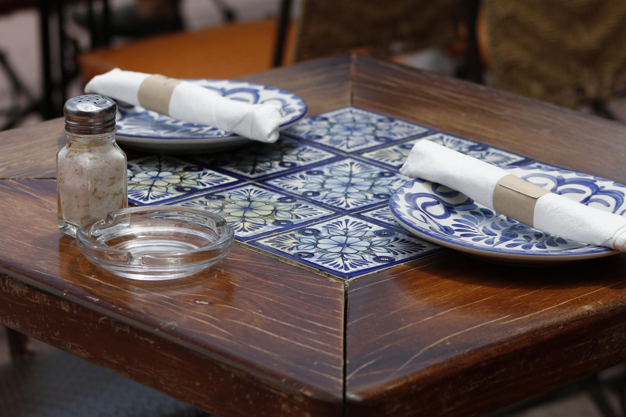 Table with blue tile