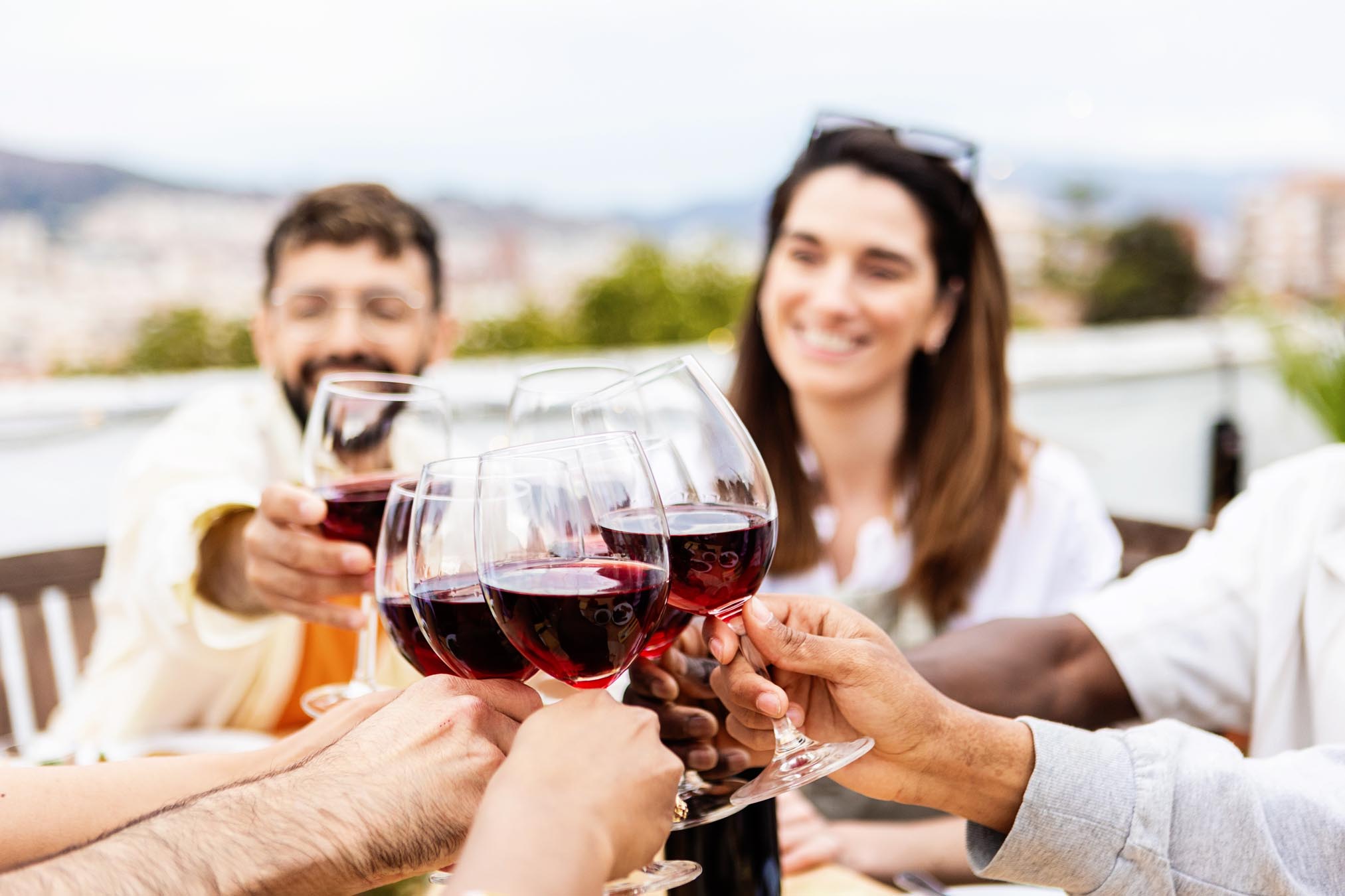 Group with wine glasses saying cheers